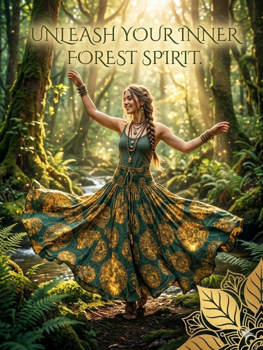 Boho Mandala Smocked Maxi Skirt Green Gold Fairycore M